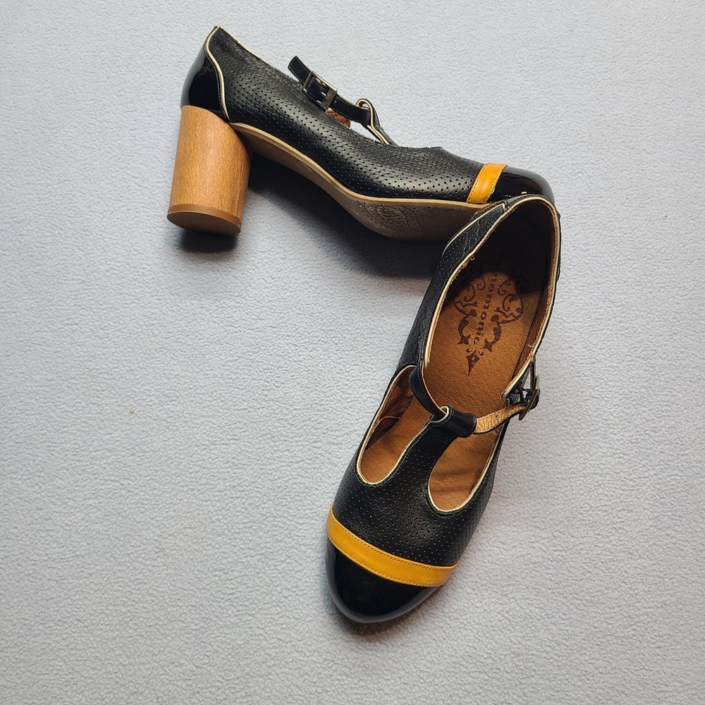 Nemonic T-Strap Heels Women 39 Black Yellow Excellent Perforated Block Heel